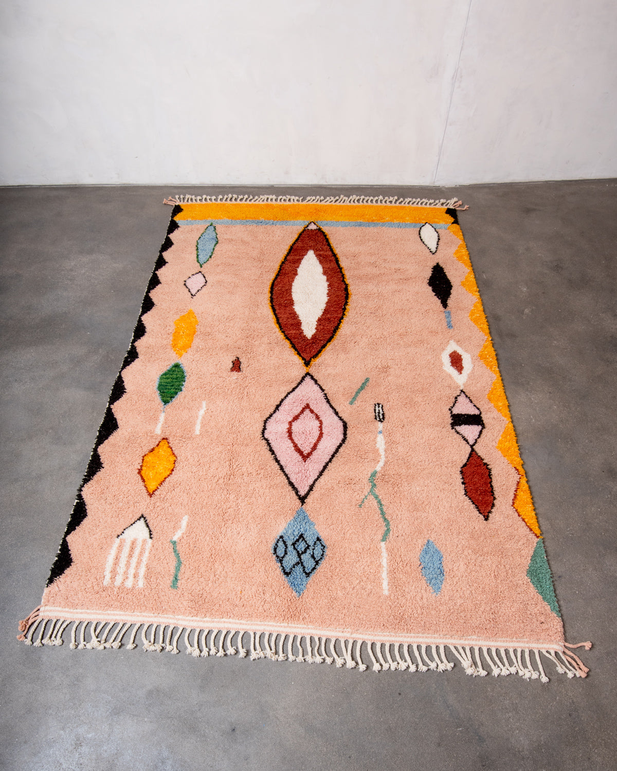 Modern, designer, handcrafted Berber rug from Morocco. Beniourain carpet with beautiful colours and patterns and fluffy wool texture.